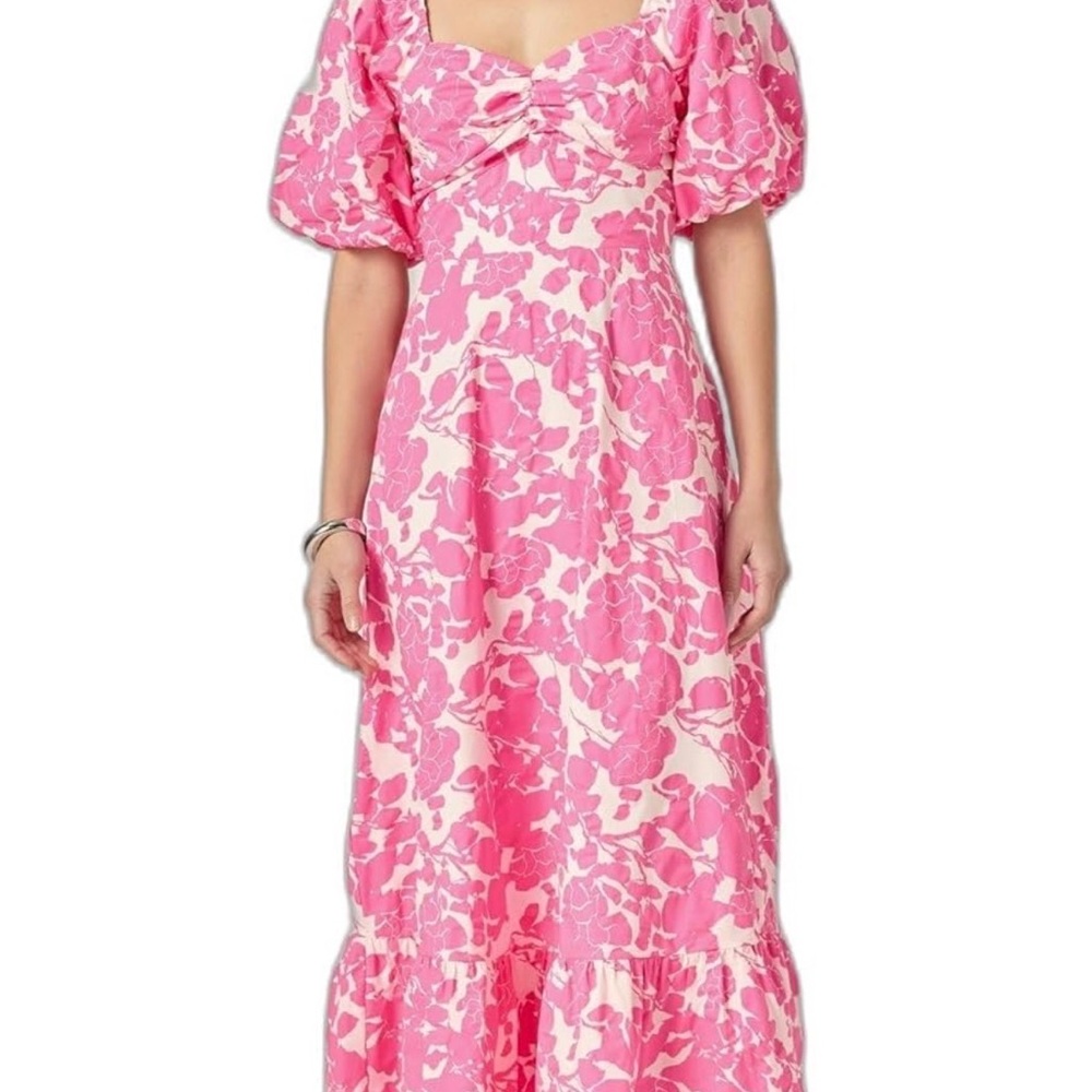 English Factory Pink Floral Maxi Dress with Puff Detail